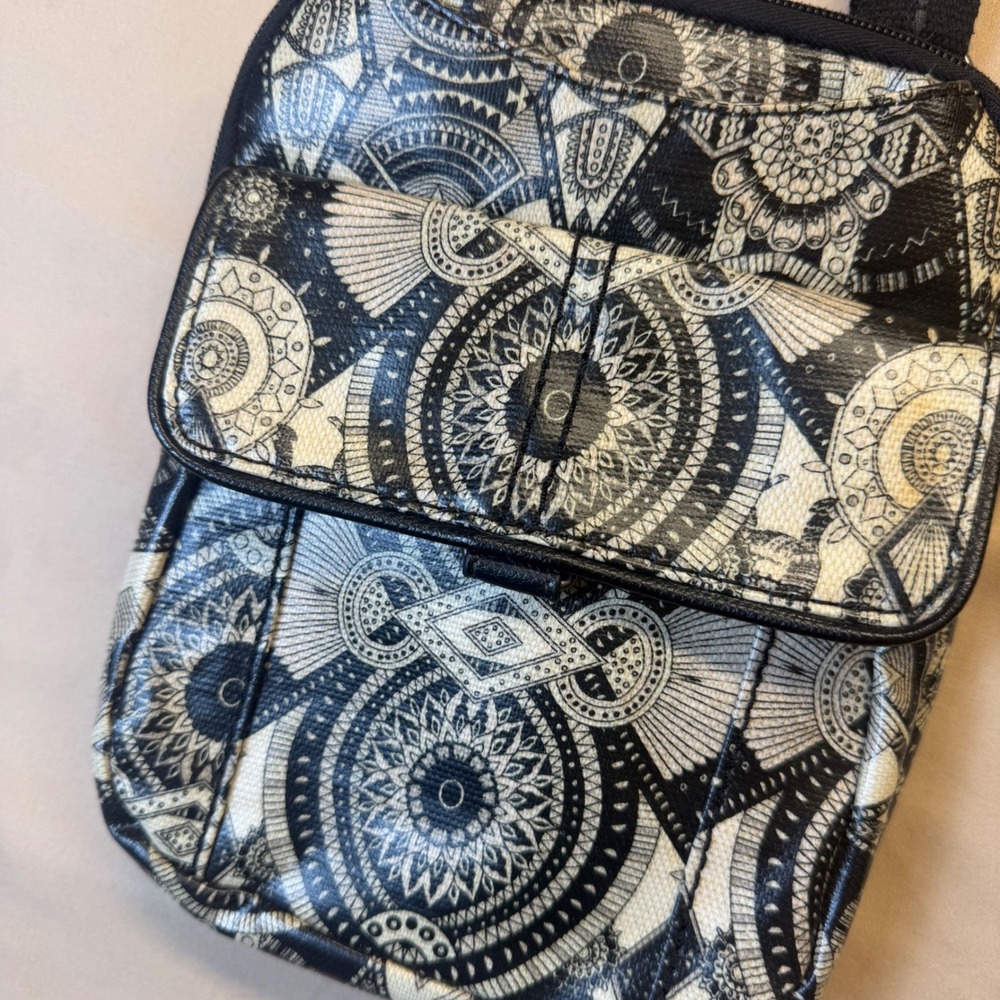Sakroots Wynnie Small Flap Crossbody Bag Black White Mandala Print Coated Canvas